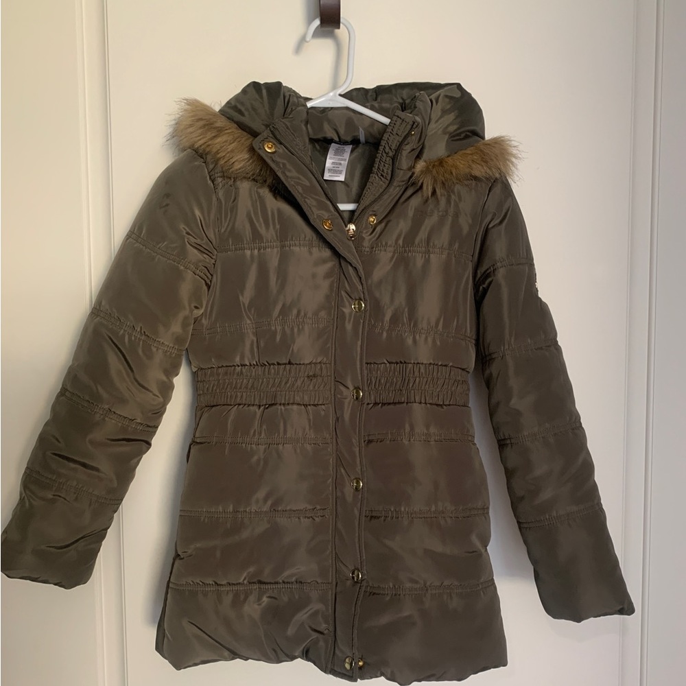 BEBE GIRLS PUFFER WINTER COAT - Military Olive Green with Fur Hood / Size XL 16